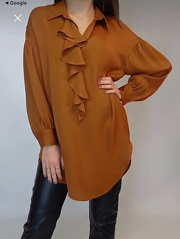 Zara Woman Kadin Camel Volanli Yaka Saten Bluz Tunik