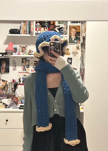 Örgü Kadın Mavi Bere ve Atkı Seti - Görsel 2