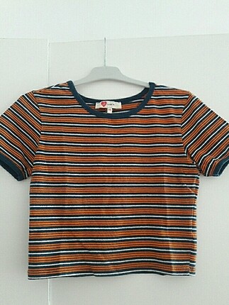 Çizgili crop top tişört turuncu beyaz lacivert çizgili 