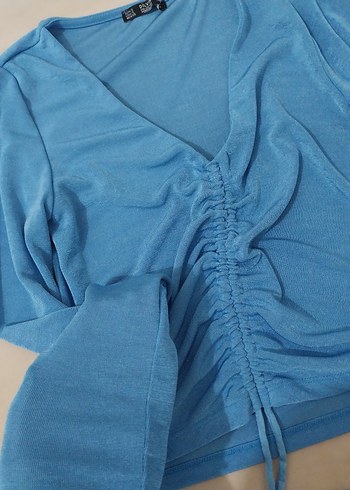 Mavi V Yakalı Uzun Kollu Kadın Bluz - Görsel 4