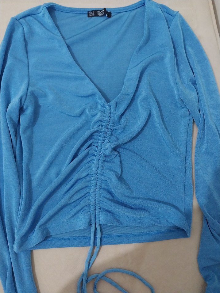 Mavi V Yakalı Uzun Kollu Kadın Bluz - Görsel 2