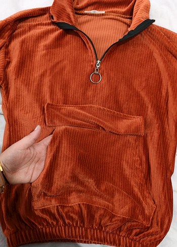 Kadın Kahverengi Kadife Yarım Fermuarlı Sweatshirt - Görsel 2