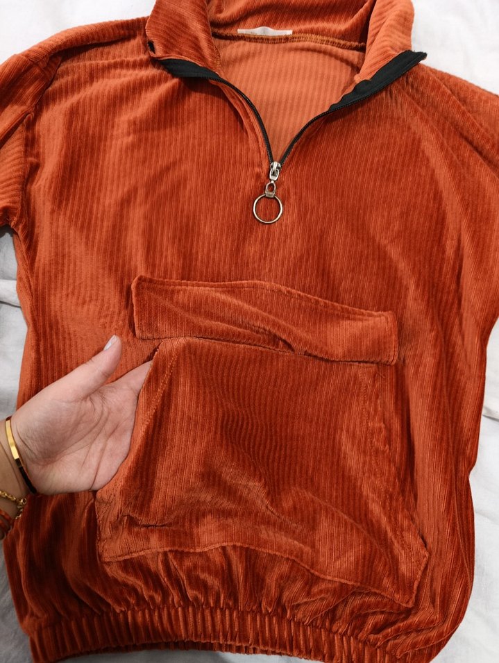 Kadın Kahverengi Kadife Yarım Fermuarlı Sweatshirt - Görsel 2