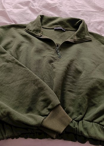 Yarım Fermuarlı Haki Kadın Sweatshirt - Görsel 2