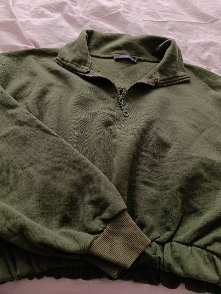 Yarım Fermuarlı Haki Kadın Sweatshirt - Görsel 2