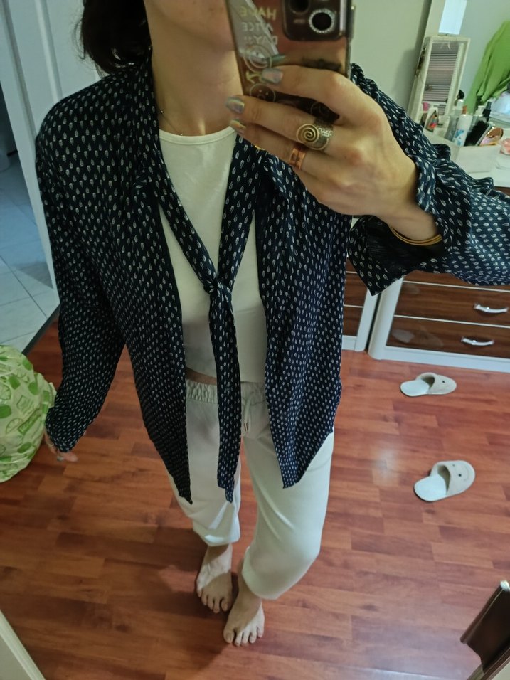 Lacivert Bağlamalı Kadın gömlek - Görsel 3