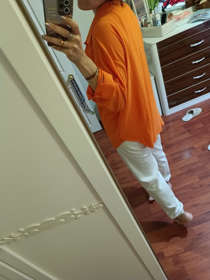 Turuncu Uzun Kollu Keten Gömlek - Görsel 3