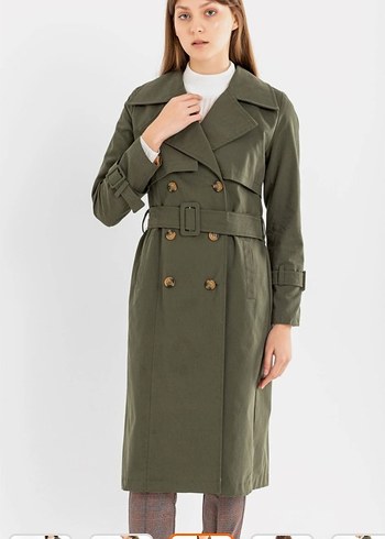 Kadın Haki Uzun Trençkot Kemerli Street Wear - Görsel 2