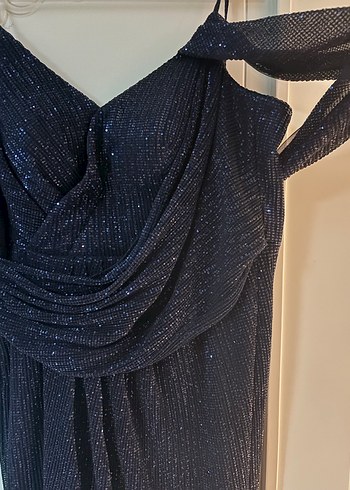 Koyu lacivert  Drapeli Uzun Abiye Elbise - Görsel 3