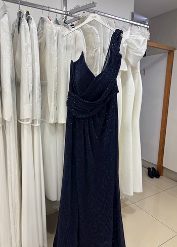 Koyu lacivert  Drapeli Uzun Abiye Elbise - Görsel 6