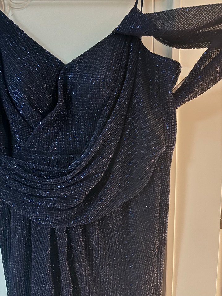 Koyu lacivert  Drapeli Uzun Abiye Elbise - Görsel 3