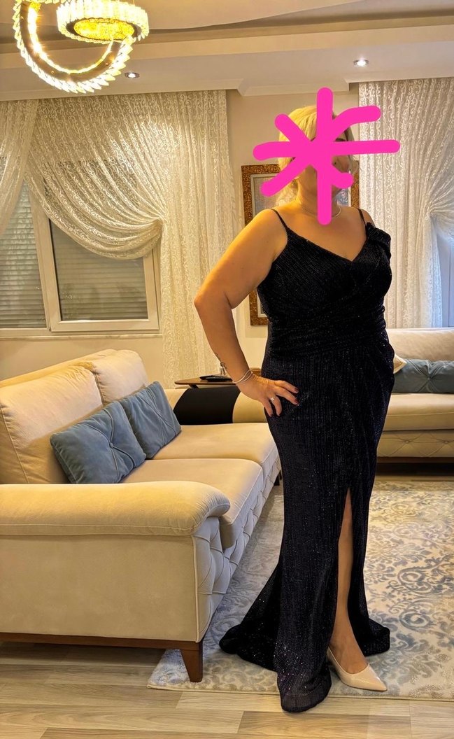 Koyu lacivert  Drapeli Uzun Abiye Elbise - Görsel 2