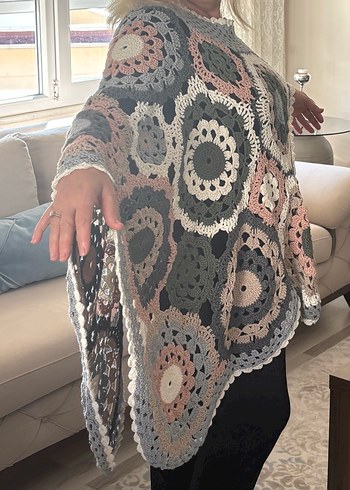 Gri Örgü Bohem Kadın Panço - Görsel 3