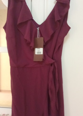 Bordo Uzun V Yaka Fırfırlı Elbise - Görsel 6