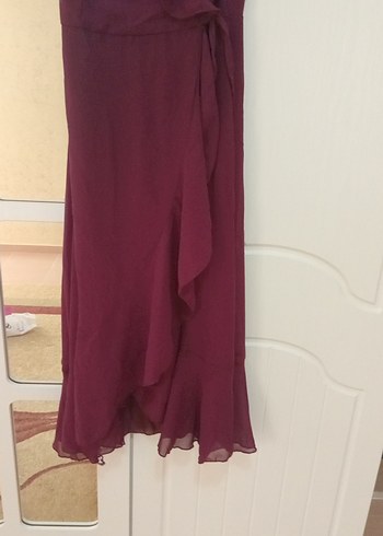 s Beden bordo Renk Bordo Uzun V Yaka Fırfırlı Elbise
