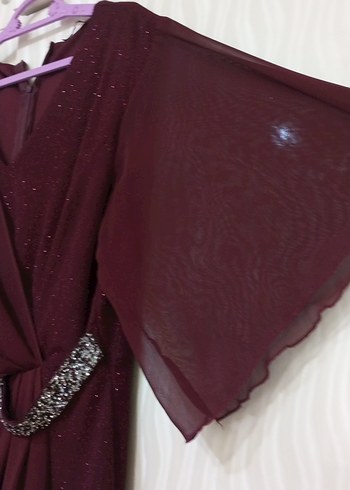 Bordo Uzun Abiye Elbise Drapeli V Yaka - Görsel 3