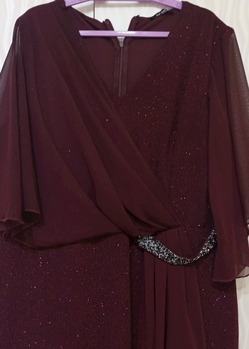 Bordo Uzun Abiye Elbise Drapeli V Yaka - Görsel 5