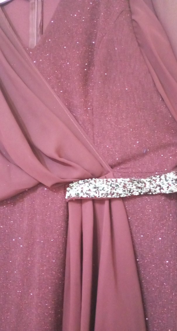 Bordo Uzun Abiye Elbise Drapeli V Yaka - Görsel 4