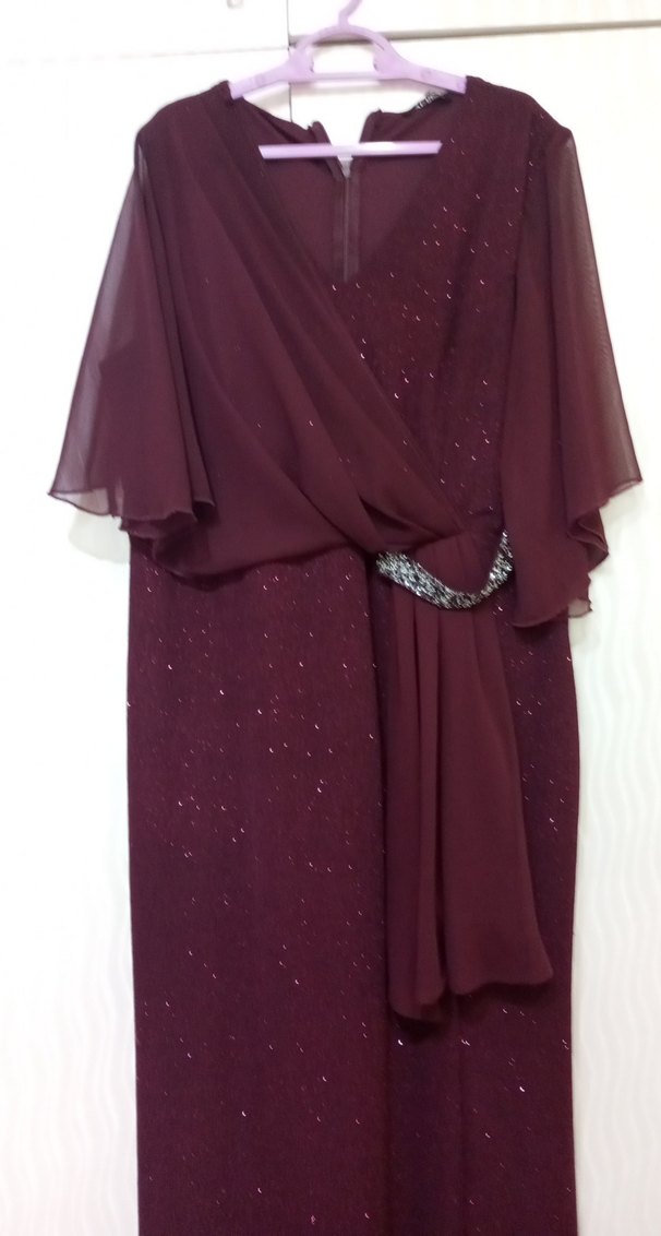 Bordo Uzun Abiye Elbise Drapeli V Yaka - Görsel 2