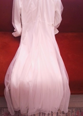 Uzun Kollu Beyaz Drape Detaylı Gelinlik - Görsel 2