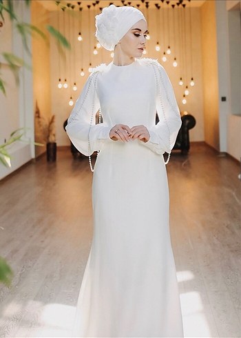 Uzun Beyaz Tesettür Drape Detaylı nikah Abiye - Görsel 5
