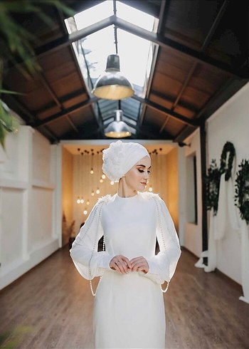 Uzun Beyaz Tesettür Drape Detaylı nikah Abiye - Görsel 8