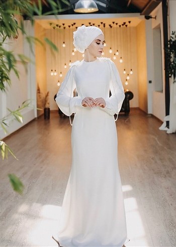 Uzun Beyaz Tesettür Drape Detaylı nikah Abiye - Görsel 2