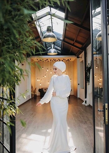 Uzun Beyaz Tesettür Drape Detaylı nikah Abiye - Görsel 7