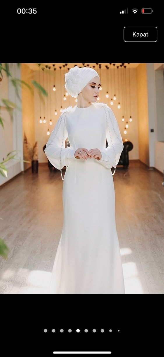 Uzun Beyaz Tesettür Drape Detaylı nikah Abiye - Görsel 5