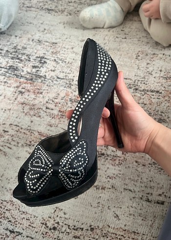 Siyah Taşlı Platform Kadın Abiye Ayakkabı - Görsel 5