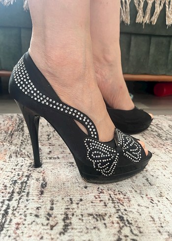 Siyah Taşlı Platform Kadın Abiye Ayakkabı - Görsel 3