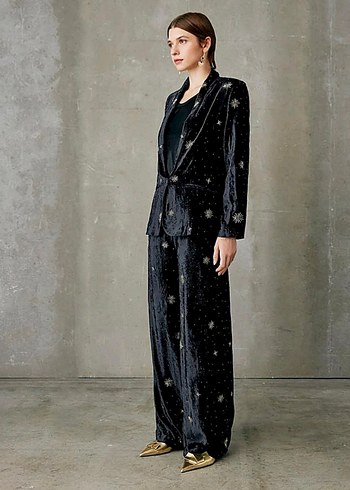Zara Yildizli Siyah Kadife Pantolon