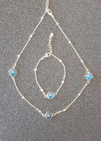 Mavi İşlemeli Zincir Detaylı Kadın Takı Seti - Görsel 3