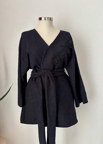 Tasarımcı Nakışlı Siyah Triko Kuşaklı Kadın Kimono