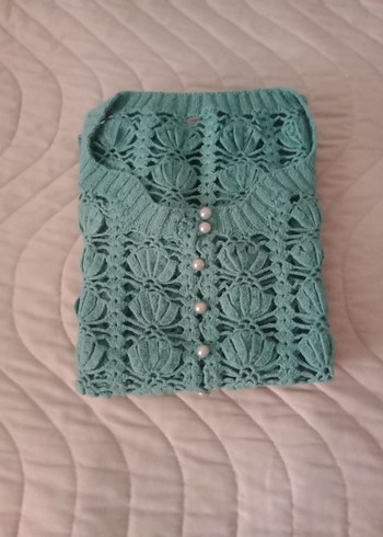 Bohem Kısa Kollu Turkuaz Örgü Kadın Kazak - Görsel 5