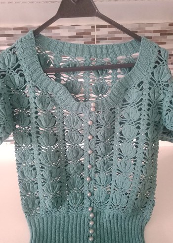 Bohem Kısa Kollu Turkuaz Örgü Kadın Kazak - Görsel 8