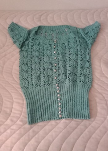 Bohem Kısa Kollu Turkuaz Örgü Kadın Kazak - Görsel 6