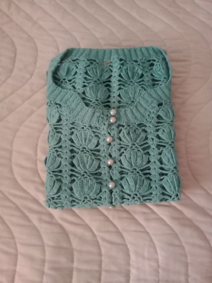 Bohem Kısa Kollu Turkuaz Örgü Kadın Kazak - Görsel 5