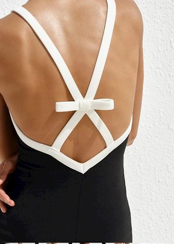 Siyah Beyaz İp Askılı Uzun Elbise - Görsel 2