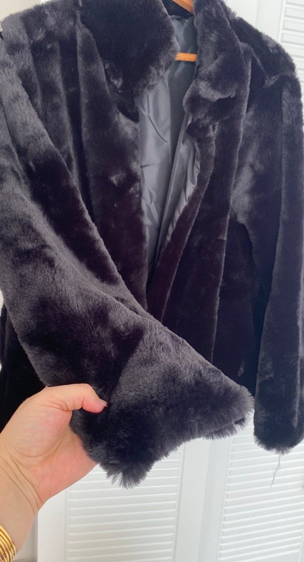 Siyah Kadın Suni Kürk Midi Ceket - Görsel 2