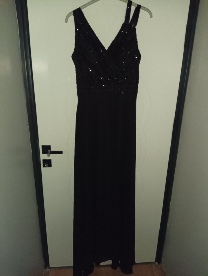 Siyah İşlemeli V Yakalı Uzun Abiye Elbise - Görsel 3