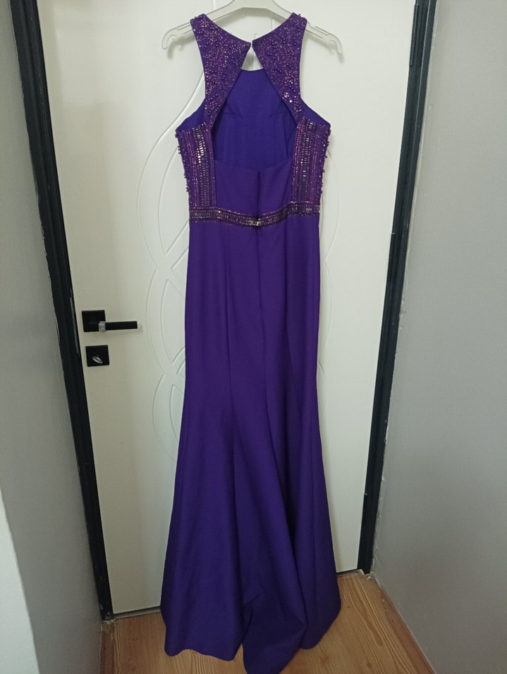 Mor İşlemeli Uzun Abiye Elbise - Görsel 2