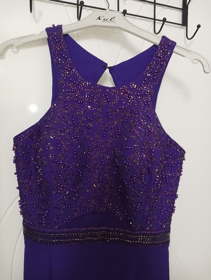 Mor İşlemeli Uzun Abiye Elbise - Görsel 3