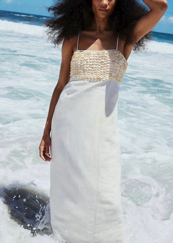 M&S london beyaz keten elbise - Görsel 3