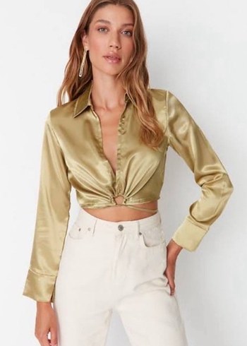 Yağ yeşili Kadın Gömlek - Görsel 2