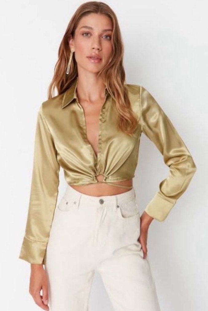 Yağ yeşili Kadın Gömlek - Görsel 2