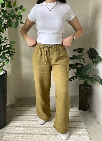 s Beden haki Renk Keten Yağ Yeşili Geniş Paça Pantolon ?