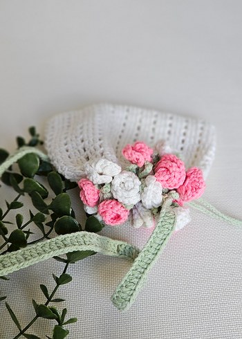 Gül detaylı pembe örgü çanta - Görsel 3