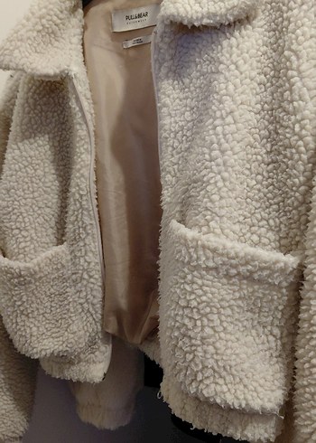 Pull and Bear Bej Peluş Kadın Ceket, Uzun Kollu, Midi Boy