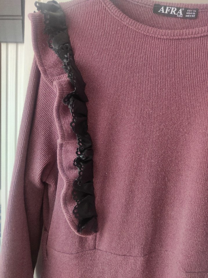 Bordo Uzun Kollu Fırfırlı Triko tunik - Görsel 3